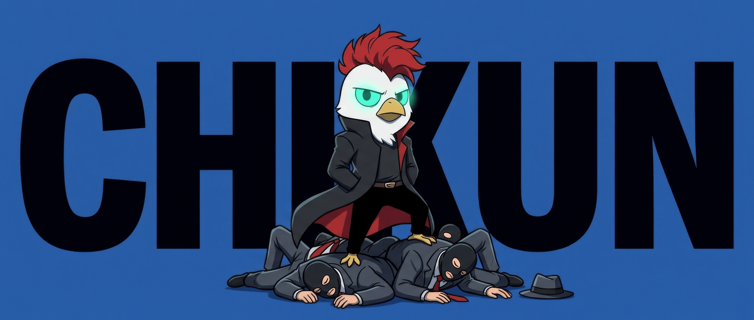 Chikun standing triumphant over fallen henchmen, CHIKUN wordmark behind